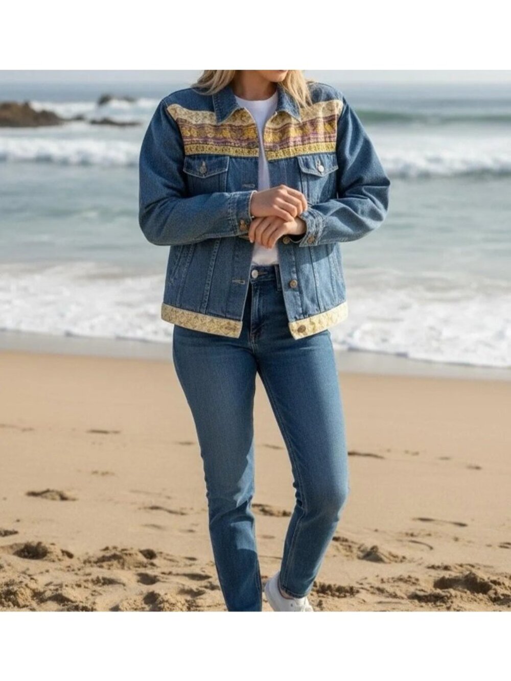 Agapo Collection Denim Jacket Size L Metallic Brocade Trim Geometric Embroidery